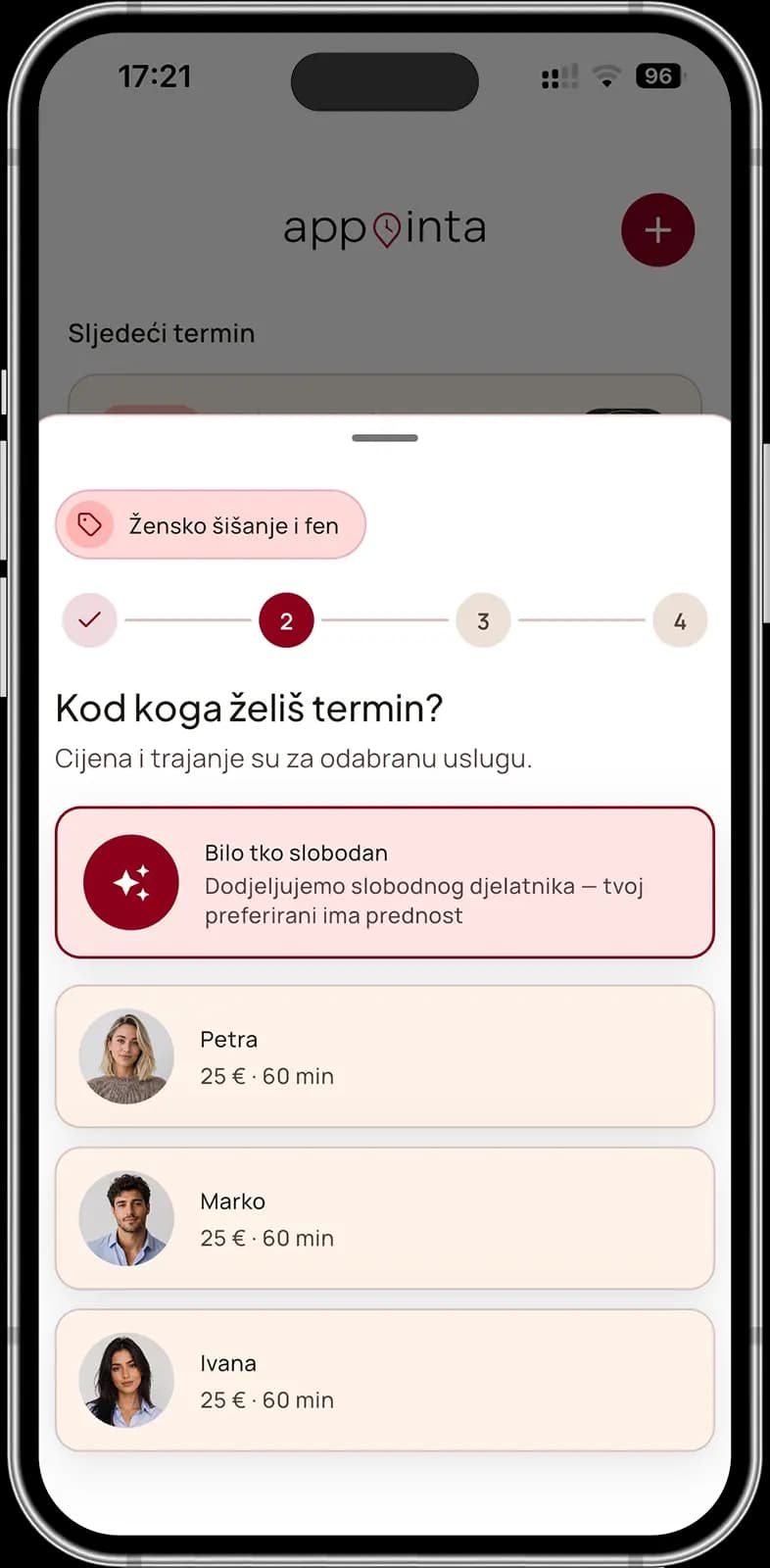 Klijent bira djelatnika u aplikaciji za rezervaciju