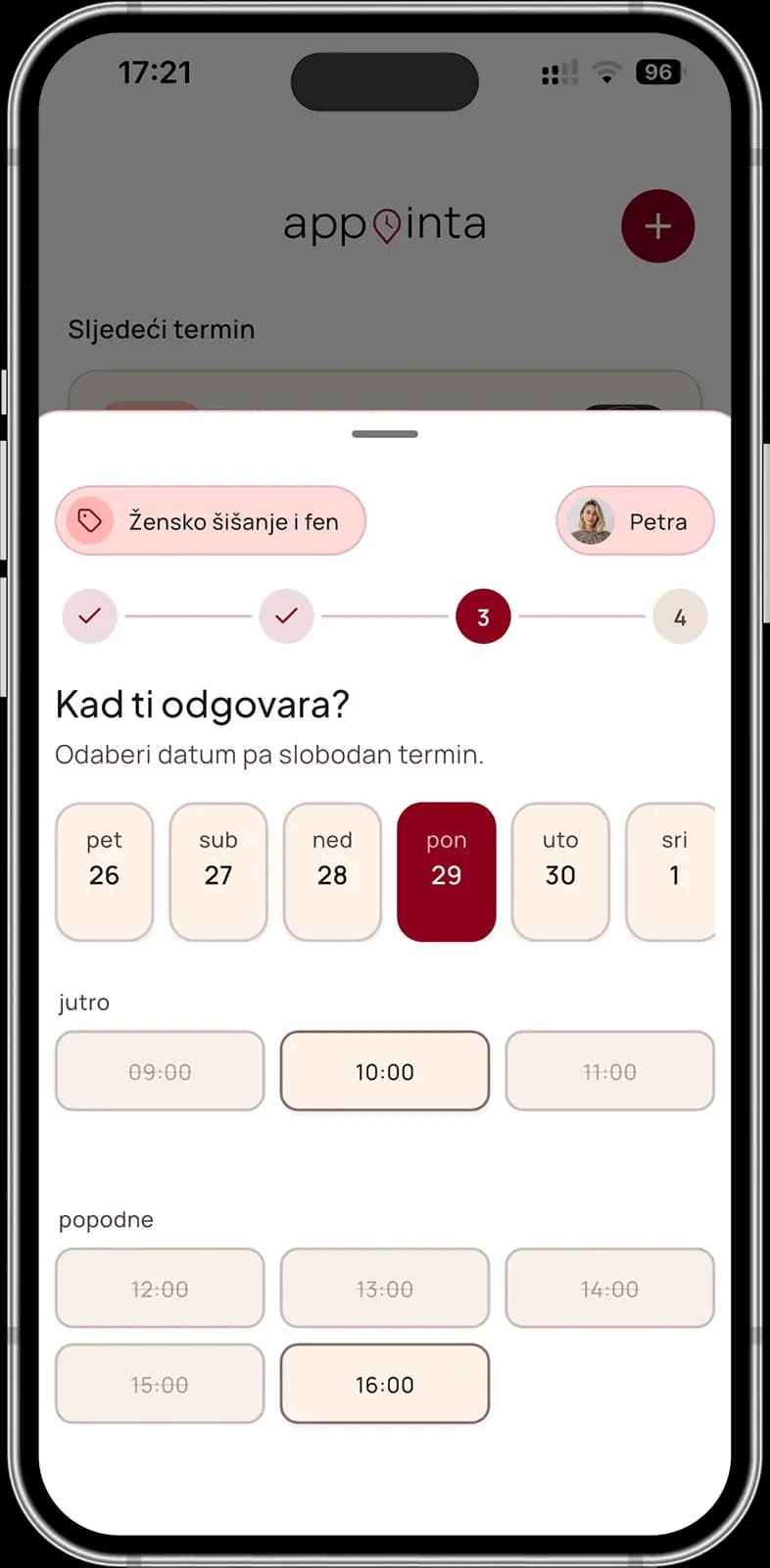 Klijent bira termin u aplikaciji za rezervaciju