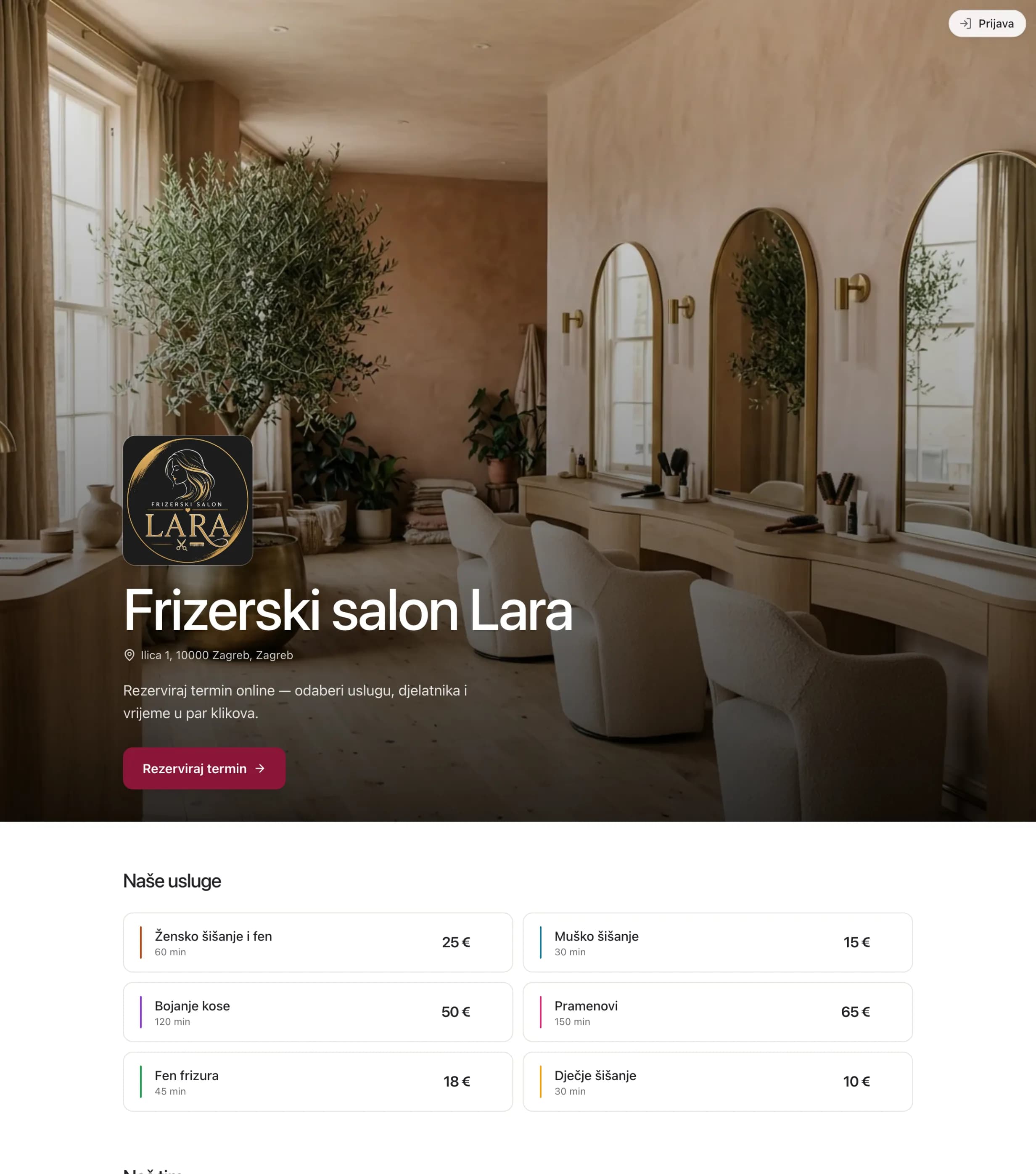 Javna web stranica s cjenikom i gumbom za rezervaciju