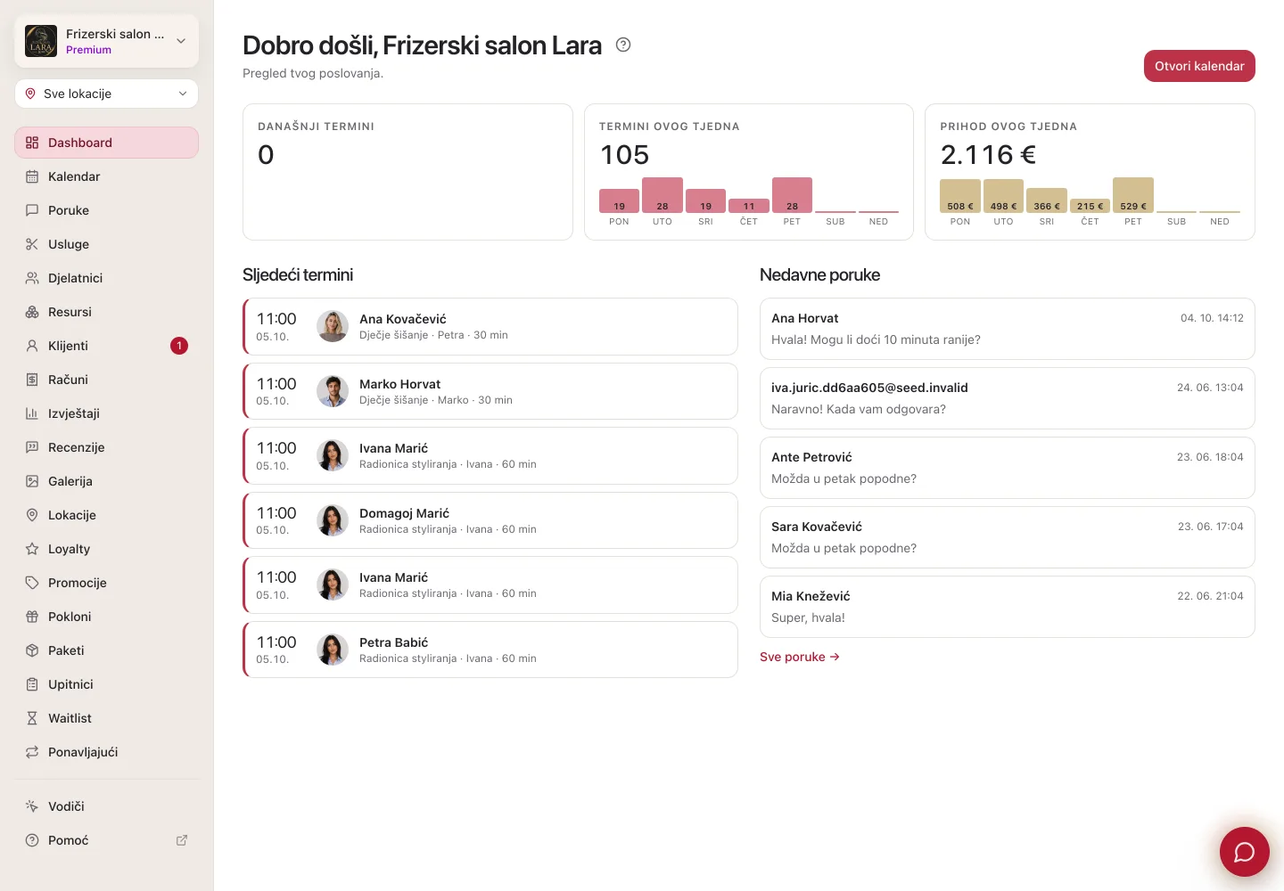 Administracija s bočnim izbornikom: na vrhu kartica poslovanja s nazivom i paketom, ispod stavke Dashboard, Kalendar, Poruke, Usluge, Djelatnici, Klijenti i ostale, a dolje desno okrugli gumb asistenta