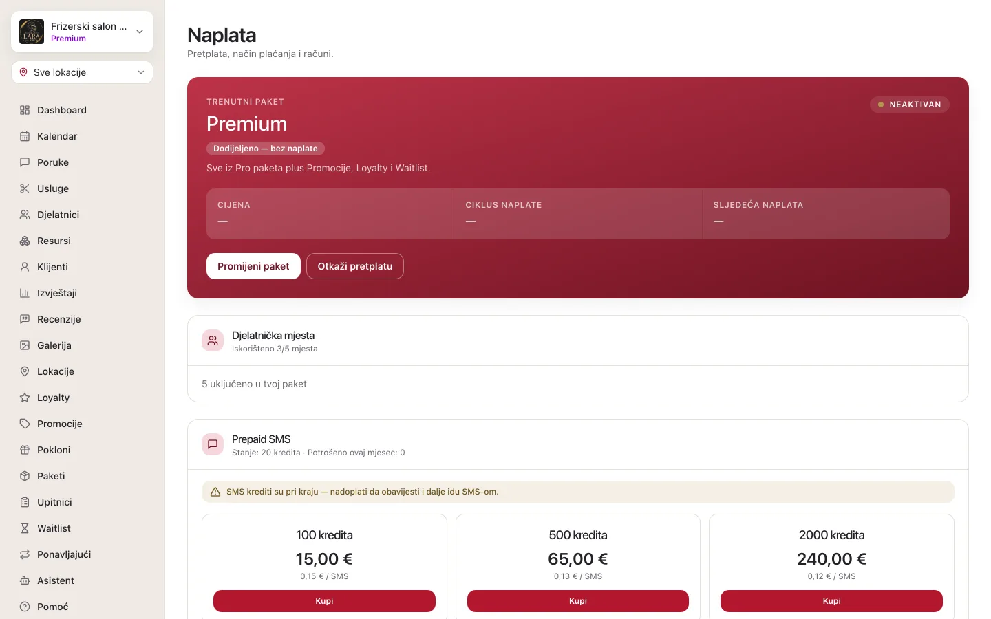 Stranica Naplata: kartica trenutnog paketa i ispod nje kartica Djelatnička mjesta s brojačem iskorištenih mjesta i brojem mjesta uključenih u paket