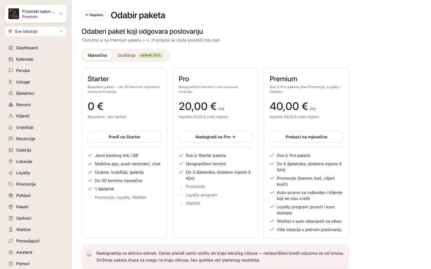 Ekran Odabir paketa s mjesečnom naplatom: tri kartice Starter, Pro i Premium s cijenom, gumbom za odabir i popisom uključenih (kvačica) i zaključanih (križić) funkcija