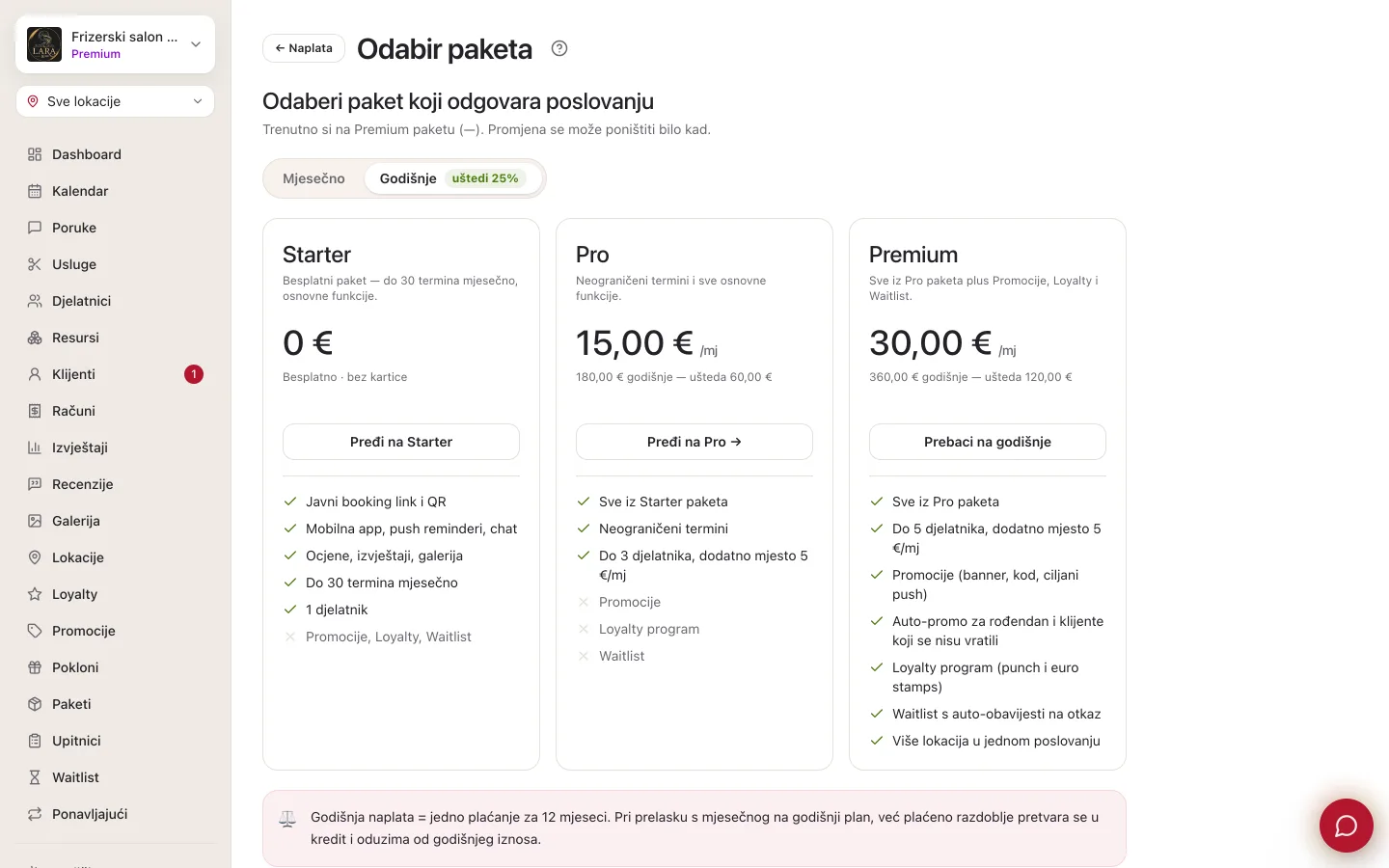 Ekran Odabir paketa s uključenim preklopnikom Godišnje: kartice Pro i Premium s cijenom preračunatom na mjesec i napomenom o godišnjem iznosu i uštedi