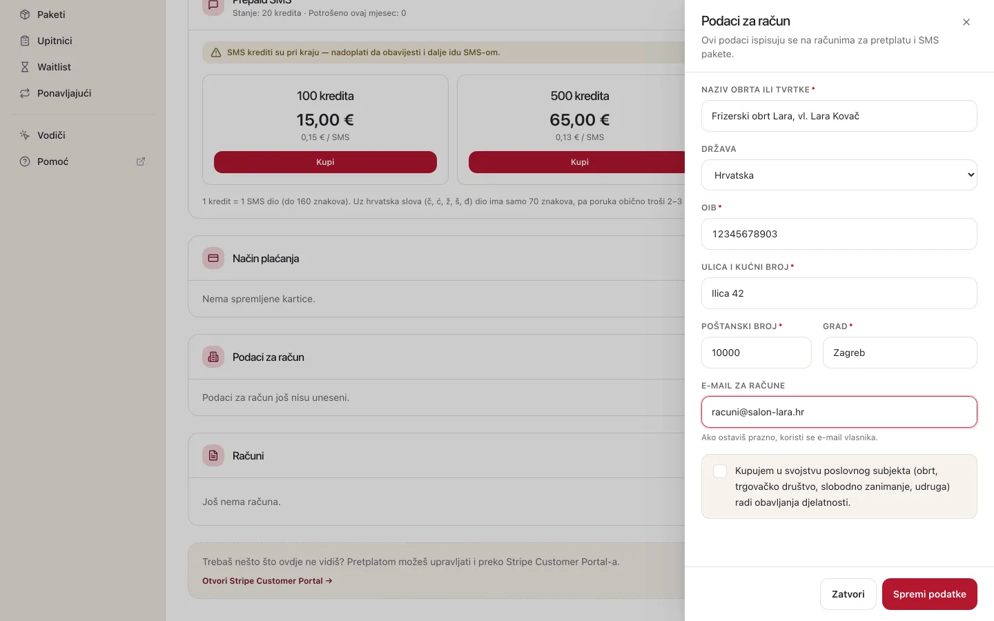 Ploča Podaci za račun otvorena s desne strane stranice Naplata: izbor Kupujem kao (privatna osoba ili tvrtka ili obrt), polja Naziv tvrtke ili obrta, Država, OIB, adresa, E-mail za račune i gumb Spremi podatke