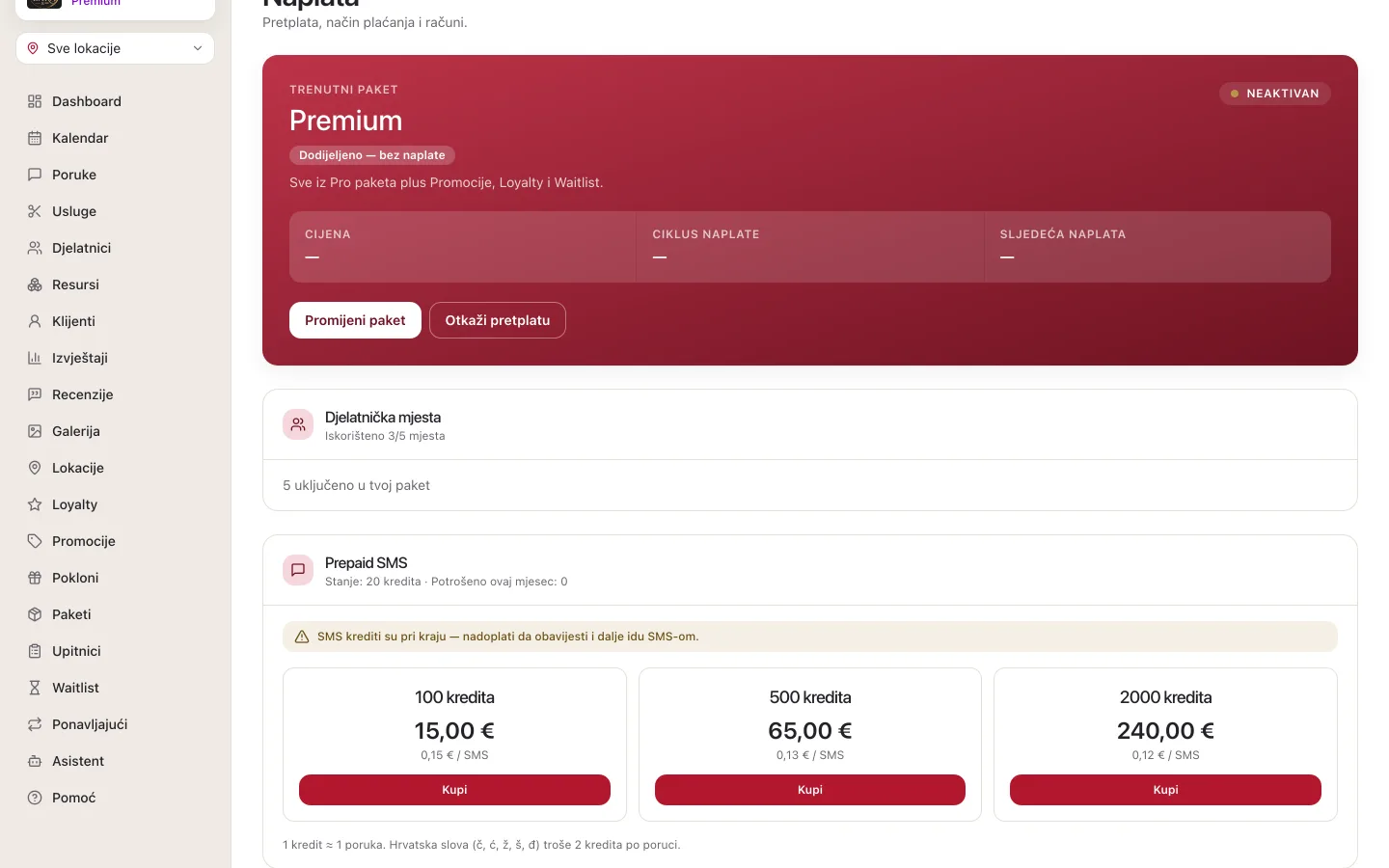 Naplata: kartica Prepaid SMS sa stanjem kredita, potrošnjom ovog mjeseca i tri paketa s gumbom Kupi