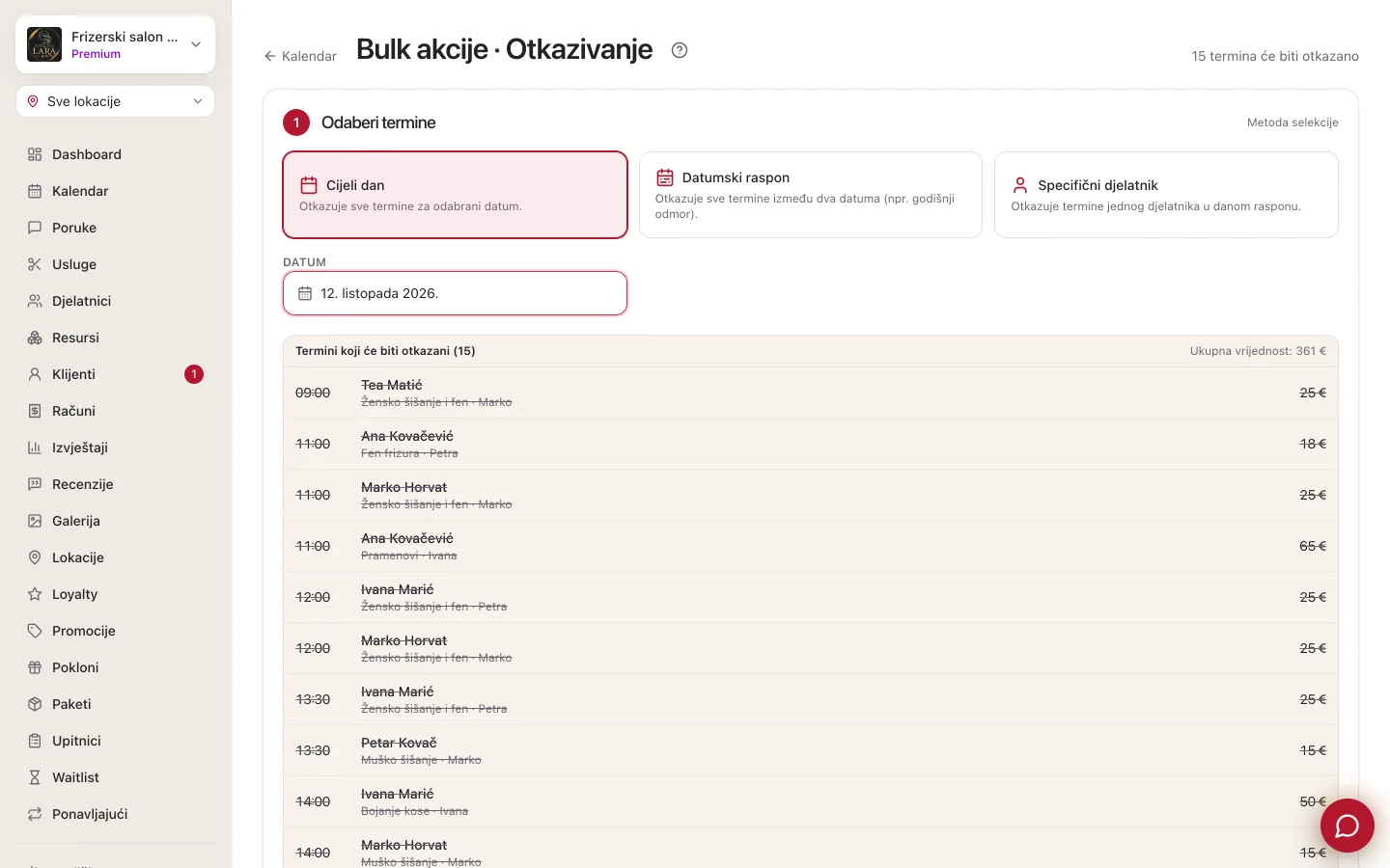 Stranica Bulk akcije · Otkazivanje: korak 1 s tri načina odabira (Cijeli dan, Datumski raspon, Specifični djelatnik), polje Datum i popis termina koji će biti otkazani s ukupnom vrijednošću