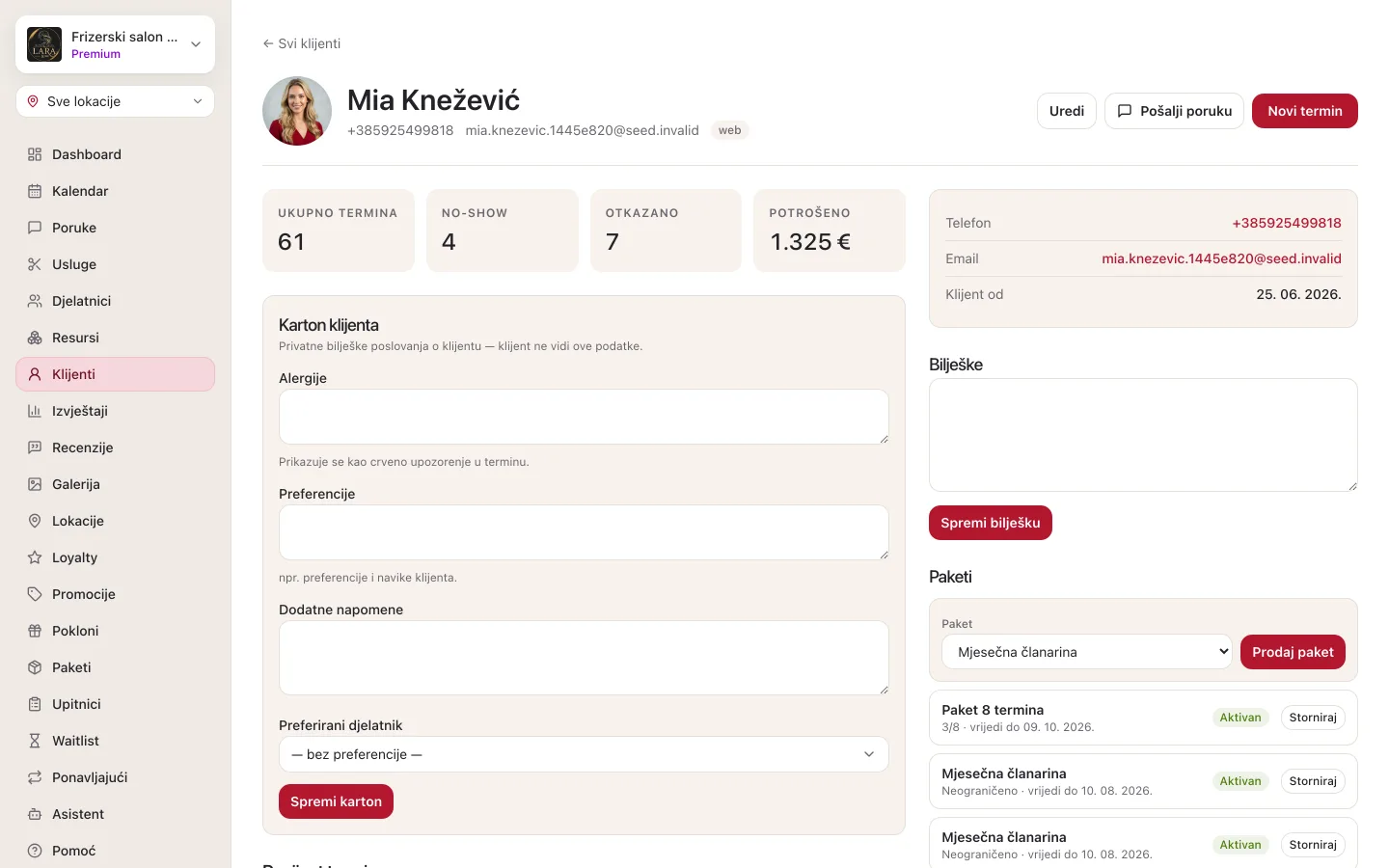 Kartica klijenta: zaglavlje s imenom, telefonom, emailom i oznakom app, gumbi Uredi, Pošalji poruku i Novi termin, statistike, karton klijenta i kontakt podaci