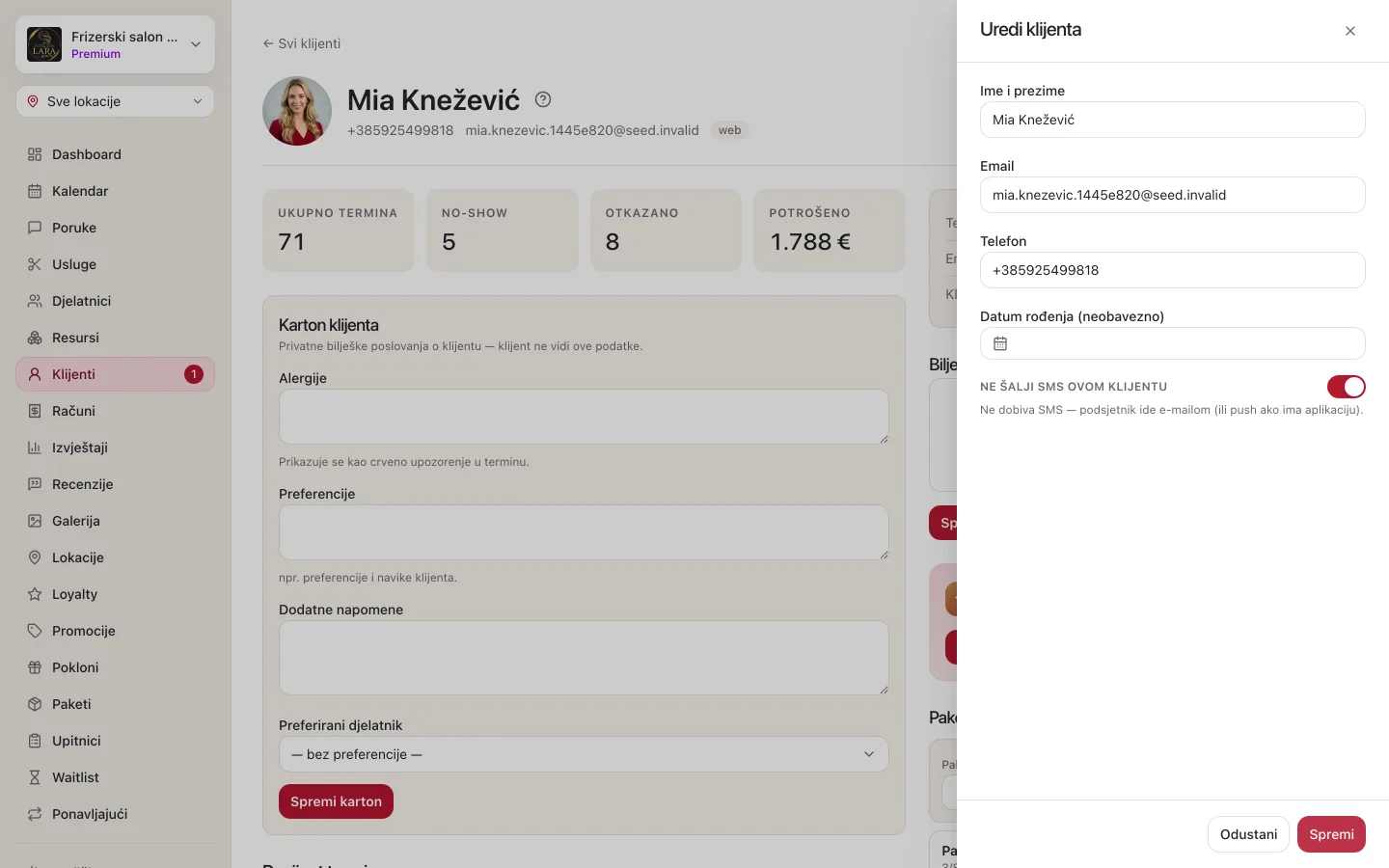 Obrazac Uredi klijenta s prekidačem Ne šalji SMS ovom klijentu i objašnjenjem ispod njega