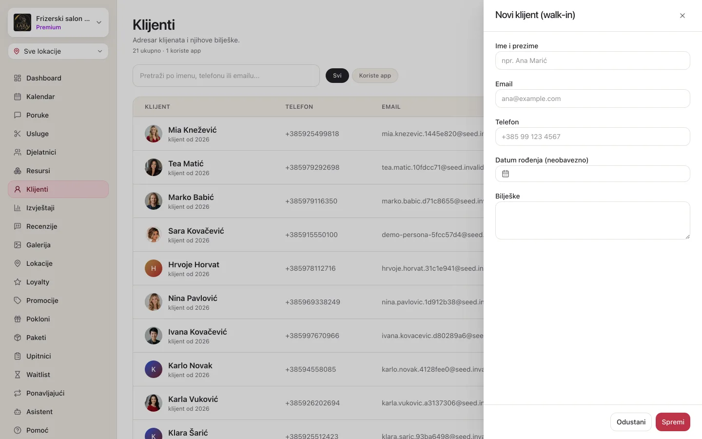 Panel Novi klijent (walk-in) s poljima Ime i prezime, Email, Telefon, Datum rođenja i Bilješke te gumbima Odustani i Spremi