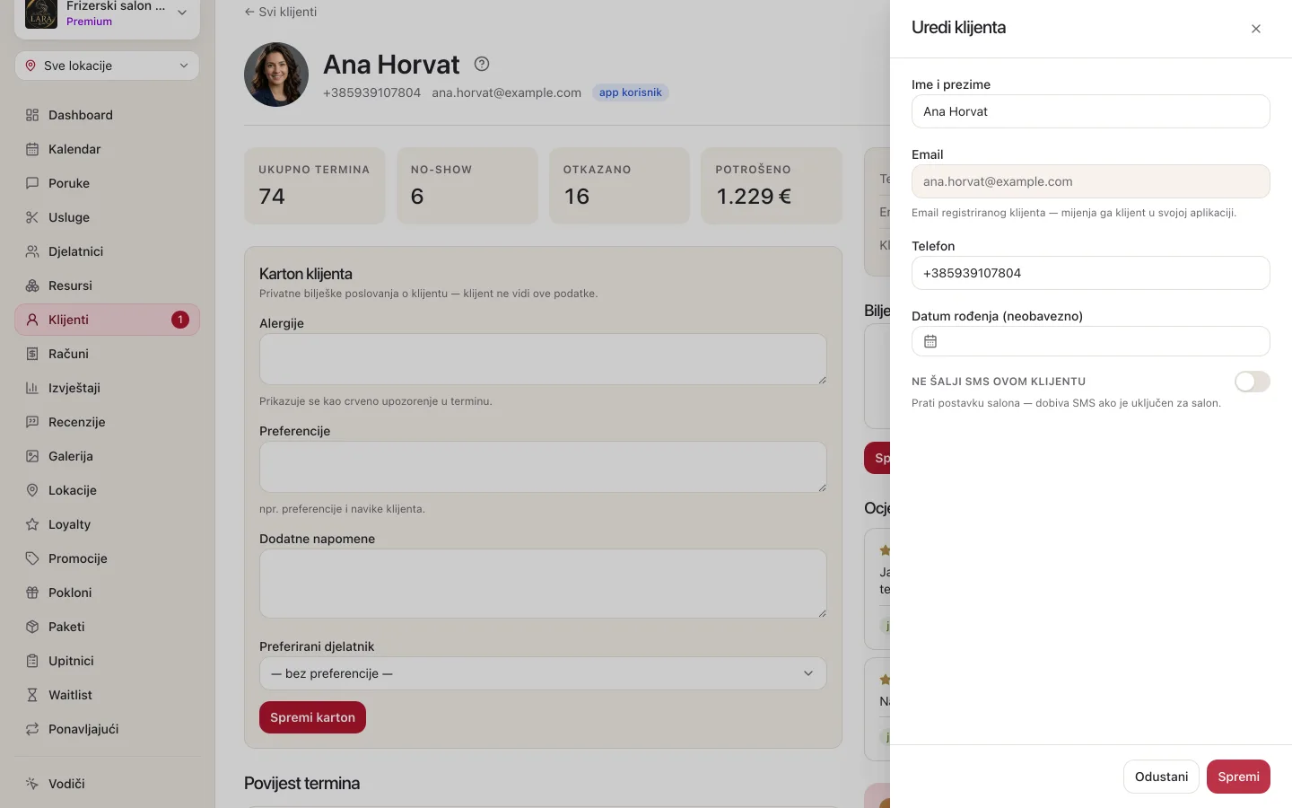 Panel Uredi klijenta za klijenta s aplikacijom: zaključano polje Email s napomenom, polja Telefon i Datum rođenja te prekidač Ne šalji SMS ovom klijentu