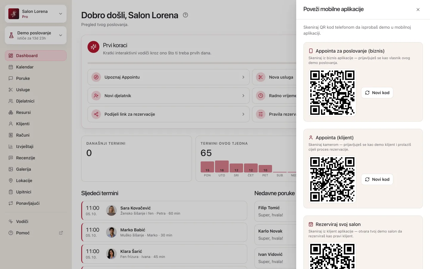 Panel Poveži mobilne aplikacije s tri QR koda: Appointa za poslovanje (biznis), Appointa (klijent) i Rezerviraj svoj salon, uz gumbe Novi kod