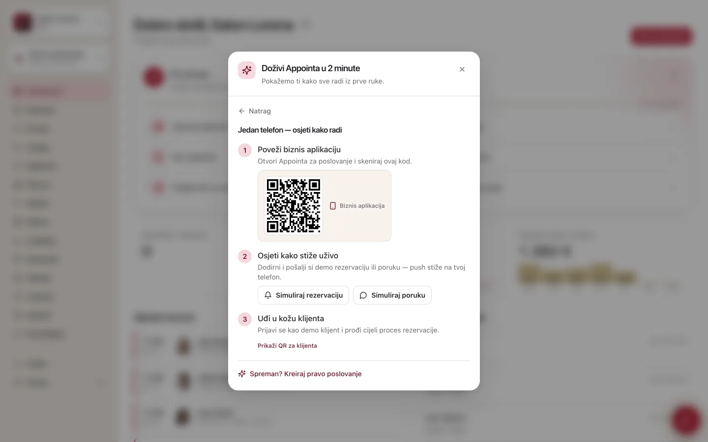 Prozor Doživi Appointa u 2 minute, put Jedan mobitel: tri numerirana koraka, QR kod za biznis aplikaciju i gumbi Simuliraj rezervaciju i Simuliraj poruku