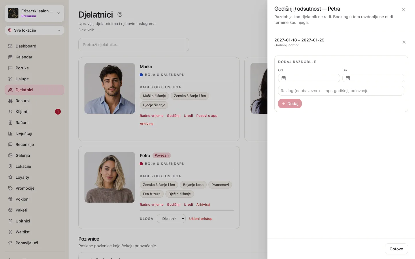 Panel Godišnji / odsutnost: upisano razdoblje s datumima od–do i razlogom te obrazac Dodaj razdoblje s poljima Od i Do, poljem za razlog i gumbom Dodaj