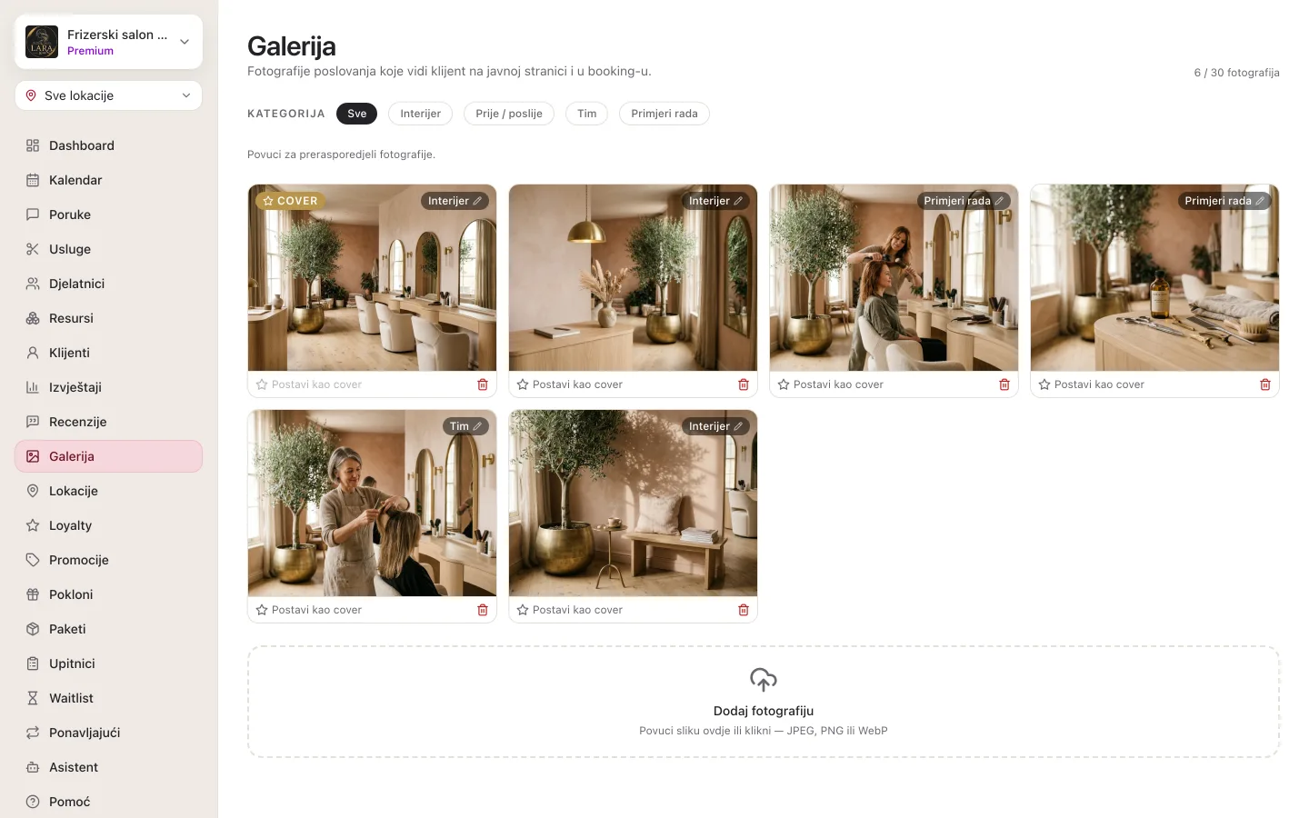 Stranica Galerija u administraciji: brojač 6 / 30 fotografija, filteri Sve, Interijer, Prije / poslije, Tim i Primjeri rada, mreža fotografija s oznakama kategorija i oznakom COVER na prvoj, ispod svake gumb Postavi kao cover i ikona koša, a na dnu polje Dodaj fotografiju