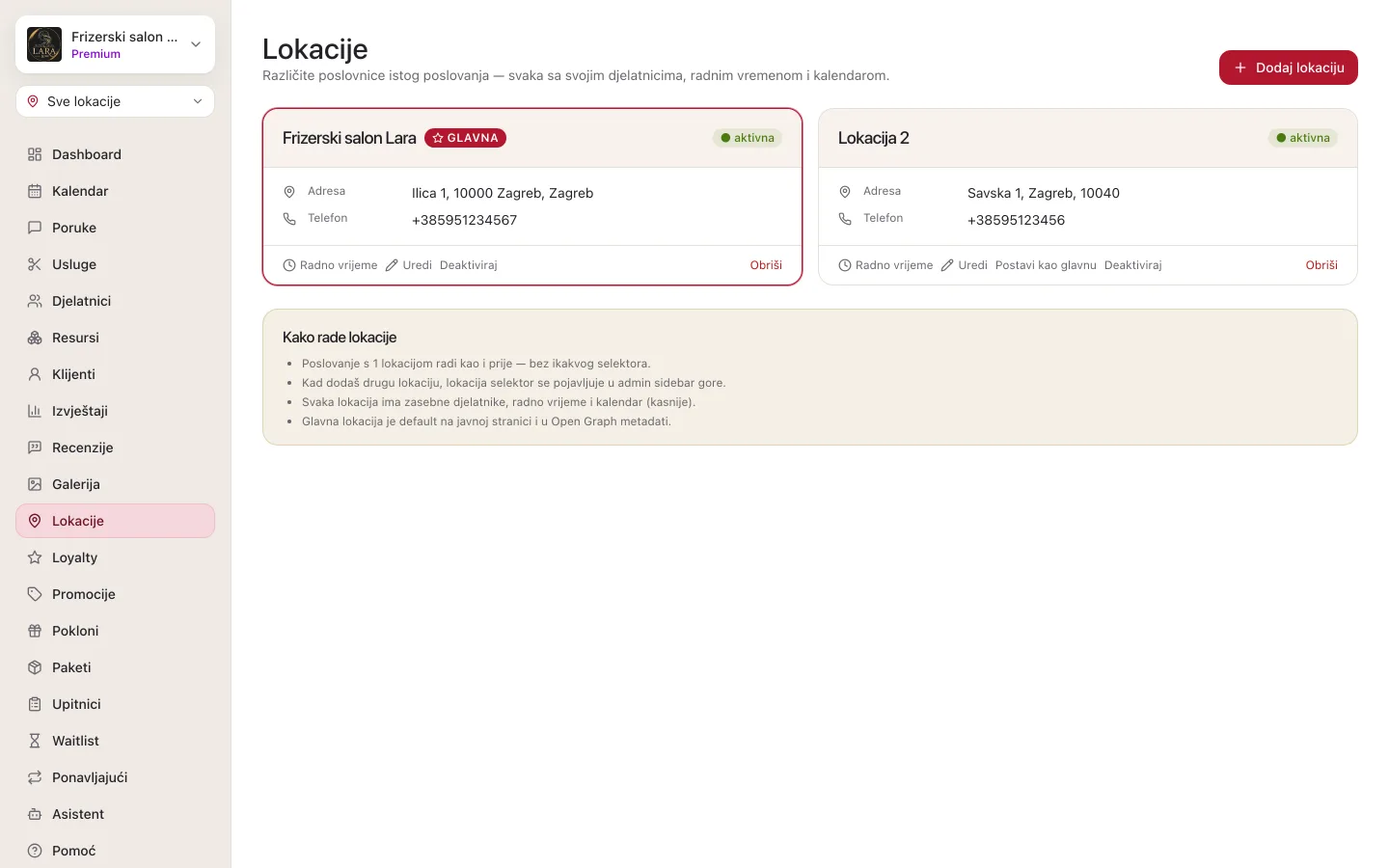Stranica Lokacije: kartica glavne lokacije s oznakom Glavna i statusom aktivna, kartica druge lokacije s adresom i telefonom, poveznice Radno vrijeme, Uredi, Postavi kao glavnu, Deaktiviraj i Obriši te okvir Kako rade lokacije