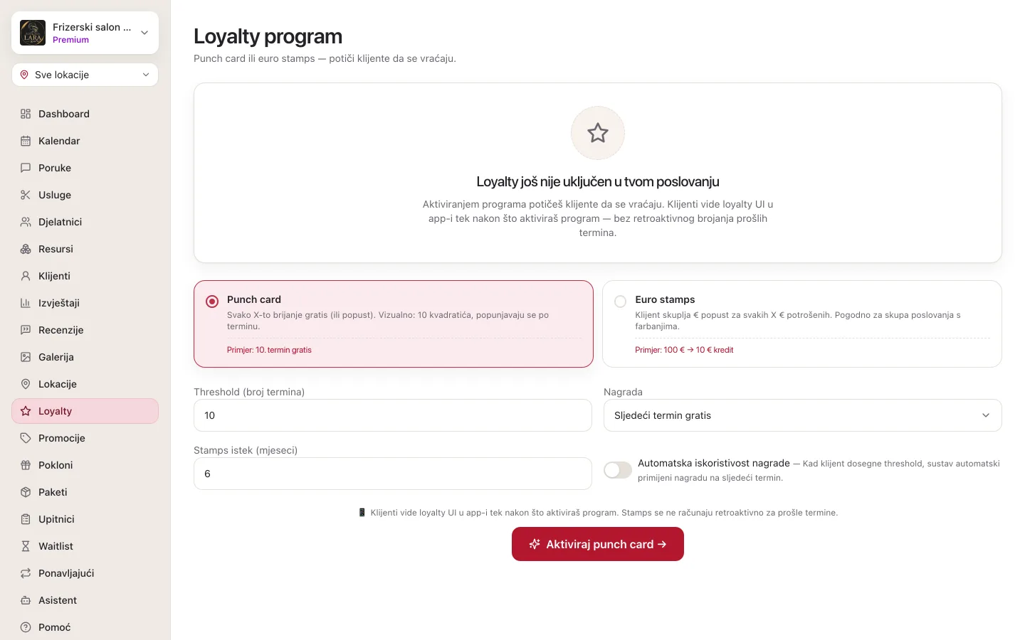 Ekran Loyalty program prije aktivacije: kartice Punch card i Euro stamps s primjerima, polja Threshold (broj termina), Nagrada i Stamps istek (mjeseci), prekidač Automatska iskoristivost nagrade i gumb Aktiviraj punch card
