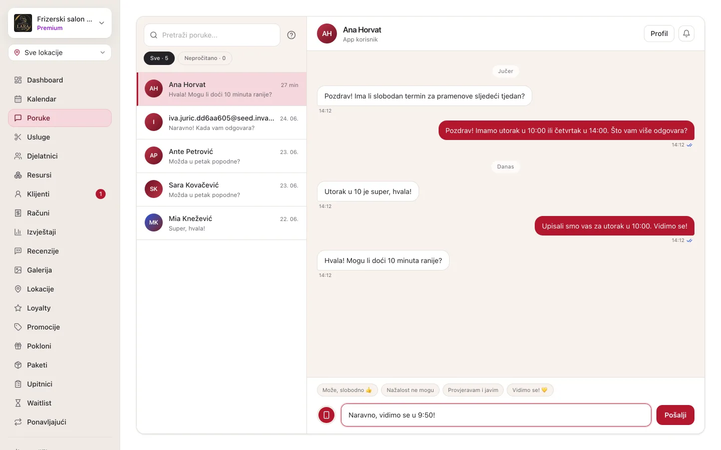 Otvoren razgovor s App korisnikom: oblačići s porukama, kvačice uz poslane poruke, brzi odgovori i polje Napiši poruku