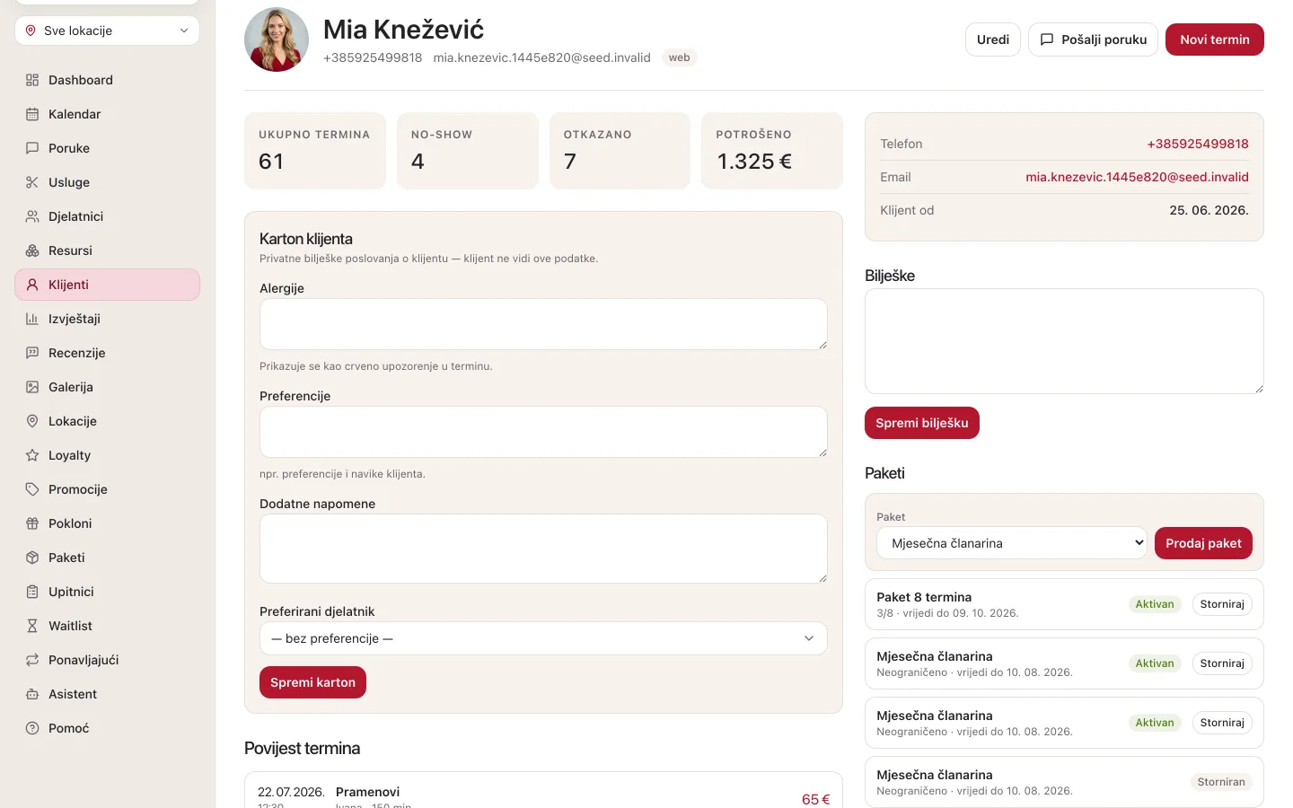 Kartica Paketi na kartici klijenta: odabir paketa, gumb Prodaj paket i popis prodanih paketa s brojem dolazaka, rokom valjanosti i statusom