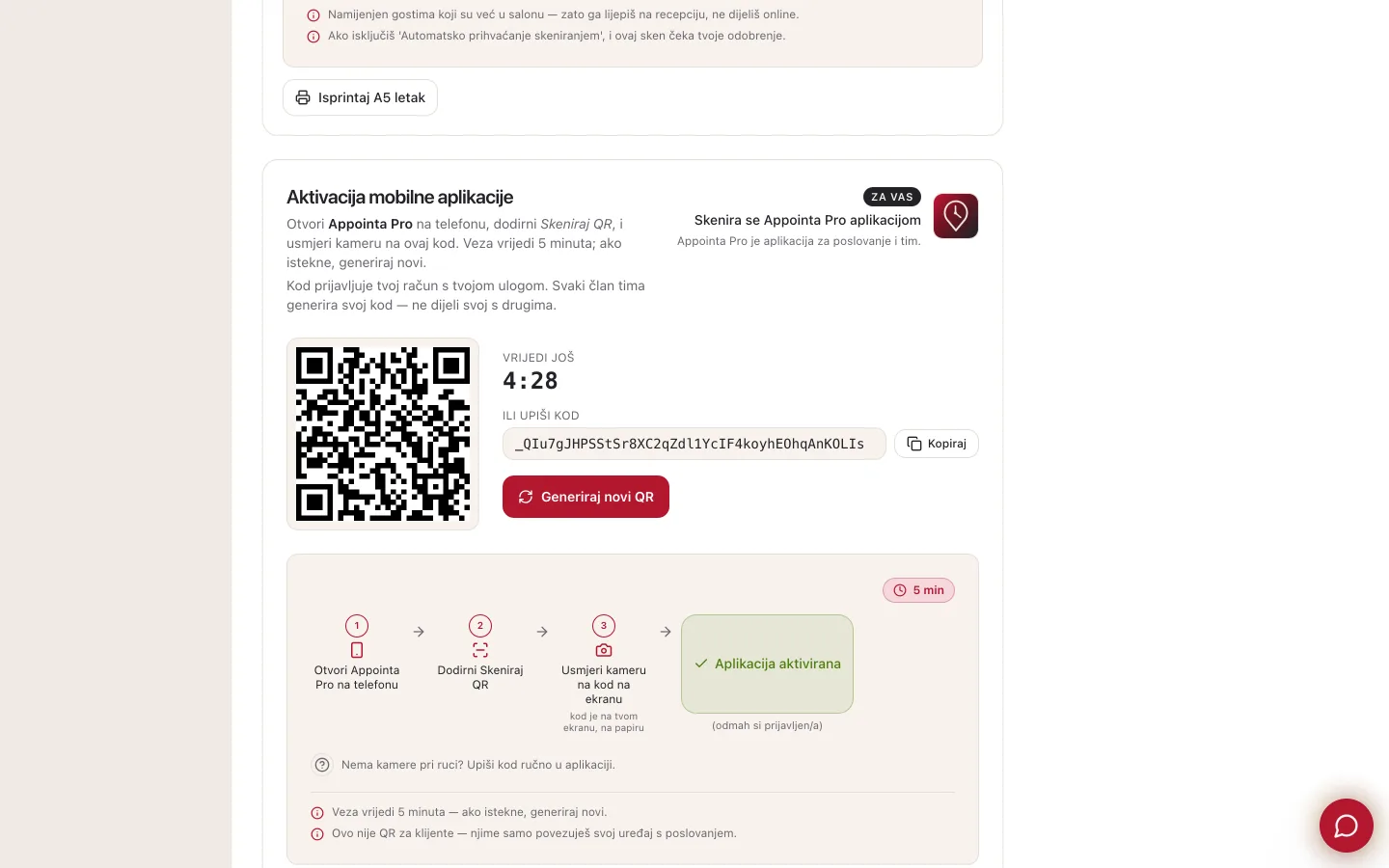 Kartica Dijeljenje i app u postavkama: dio Aktivacija mobilne aplikacije s generiranim QR kodom, odbrojavanjem Vrijedi još, poljem Ili upiši kod s gumbom Kopiraj i gumbom Generiraj novi QR