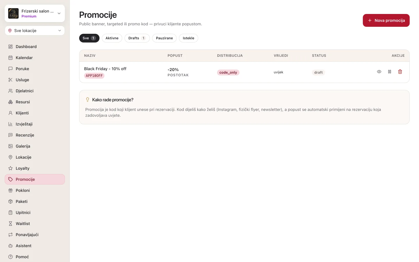 Ekran Promocije: filtri Sve, Aktivne, Drafts, Pauzirane i Istekle, tablica s jednom promocijom (naziv, promo kod, popust u postotku, distribucija code_only, razdoblje, status draft) i ikone za detalje, pauzu i brisanje te kartica Kako rade promocije?
