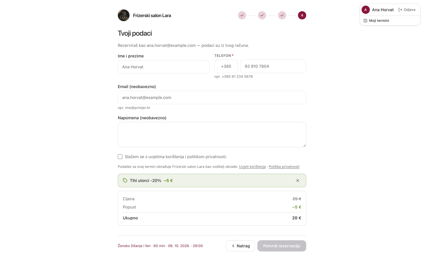 Korak Tvoji podaci u online rezervaciji s primijenjenim promo kodom: zelena oznaka promocije s iznosom popusta i raščlamba Cijena, Popust i Ukupno