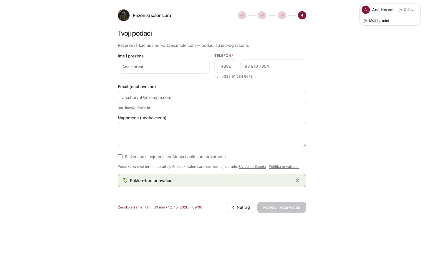 Zadnji korak online rezervacije s poljem Imaš kod? i zelenom oznakom Poklon-bon prihvaćen