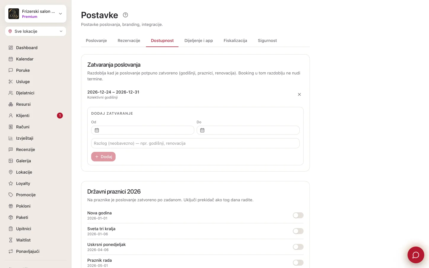 Postavke, kartica Dostupnost: odjeljak Zatvaranja poslovanja s jednim upisanim razdobljem i obrascem Dodaj zatvaranje te odjeljak Državni praznici s popisom praznika i prekidačima