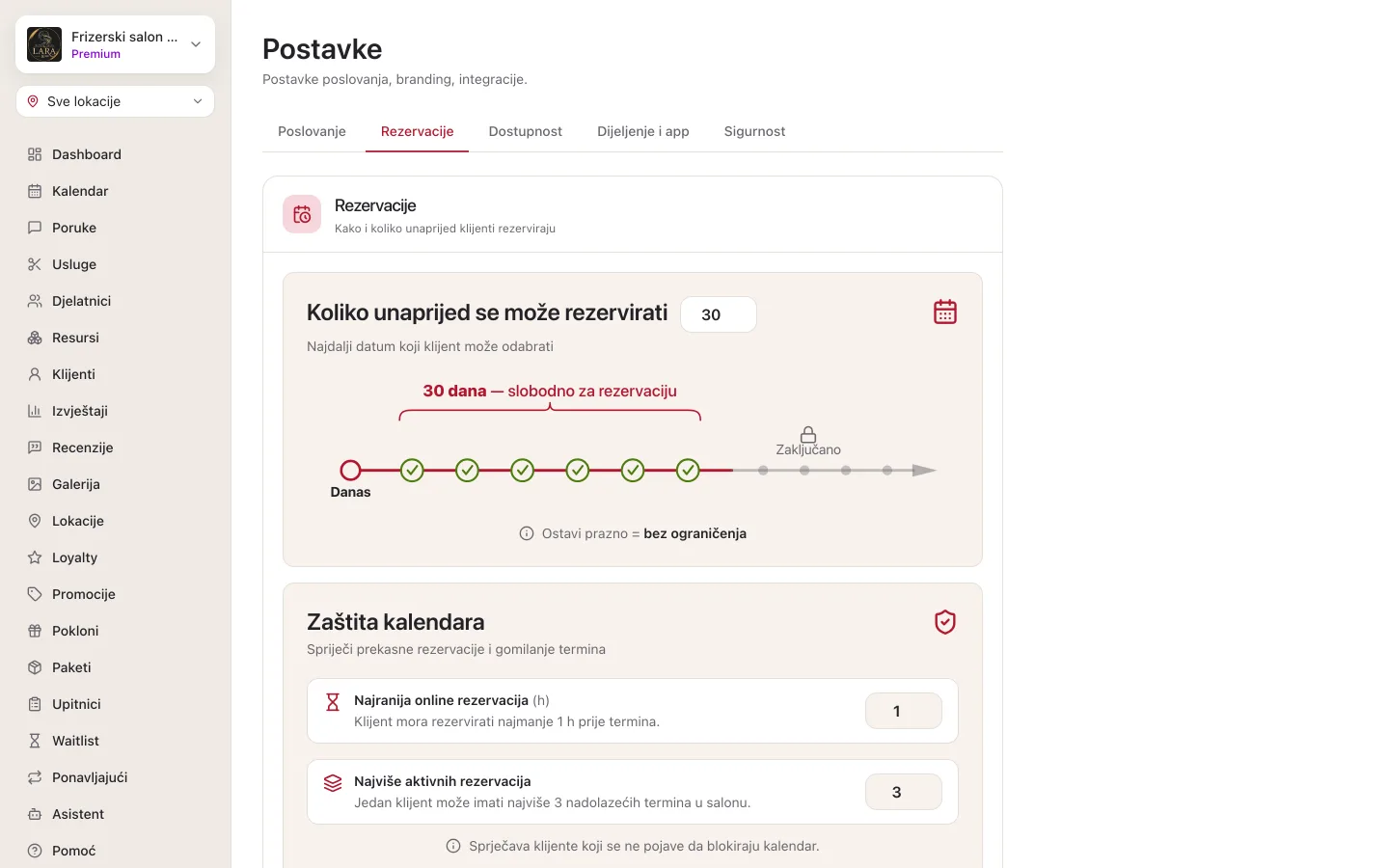 Postavke na kartici Rezervacije: kartica Koliko unaprijed se može rezervirati s upisanih 30 dana i vremenskom crtom do oznake Zaključano, ispod kartica Zaštita kalendara s poljima Najranija online rezervacija (1 h) i Najviše aktivnih rezervacija (3)