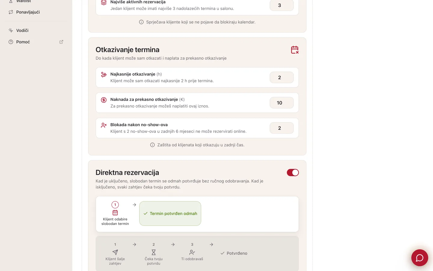 Kartica Otkazivanje termina na kartici Rezervacije: polja Najkasnije otkazivanje u satima, Naknada za prekasno otkazivanje u eurima i Blokada nakon no-show-ova, svako s objašnjenjem koje prati upisanu vrijednost
