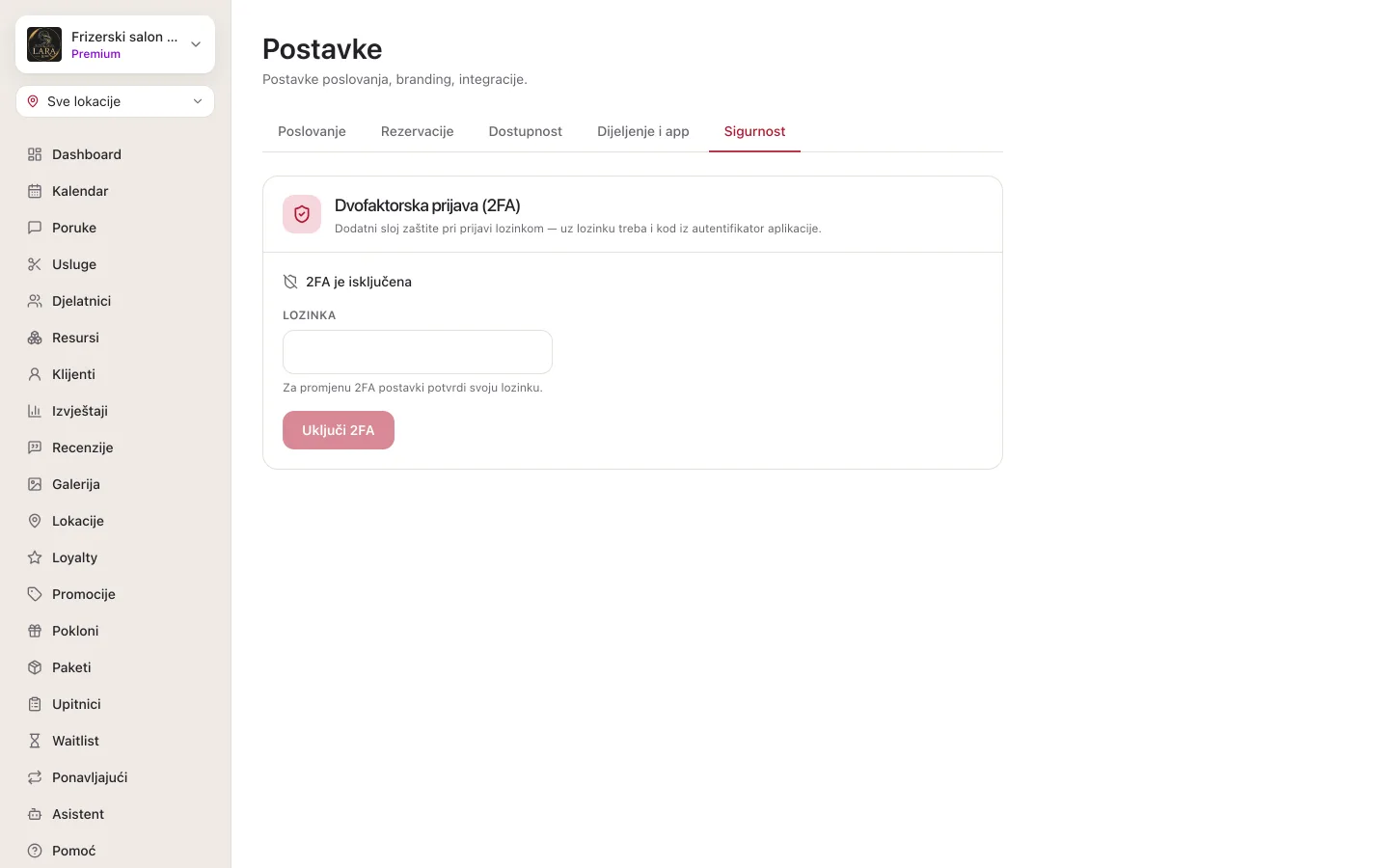 Kartica Sigurnost u Postavkama: naslov Dvofaktorska prijava (2FA), status 2FA je isključena, polje Lozinka s napomenom i gumb Uključi 2FA