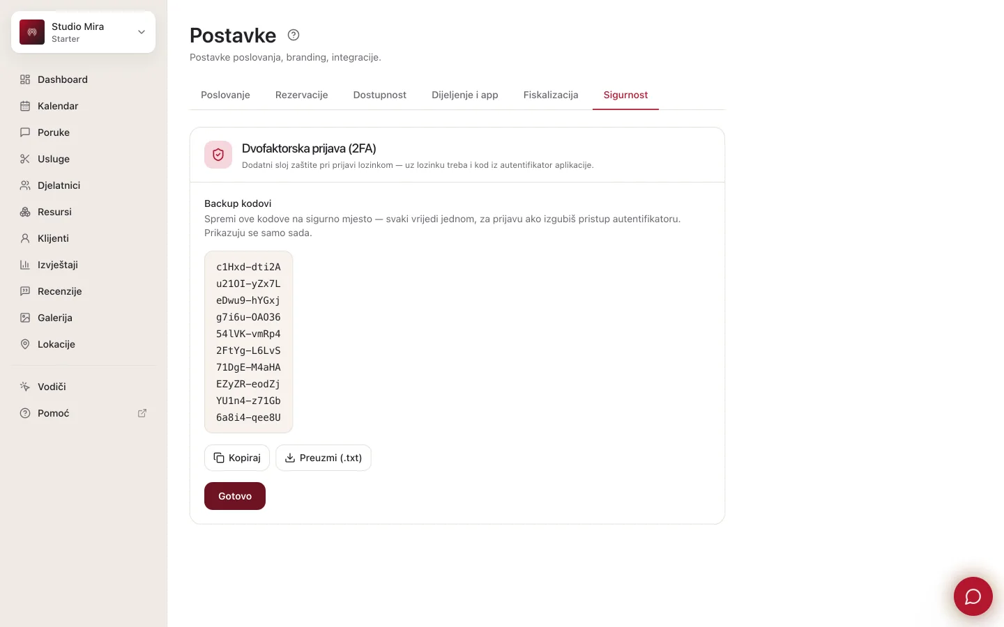 Popis od deset backup kodova s gumbima Kopiraj i Preuzmi (.txt) te gumbom Gotovo ispod