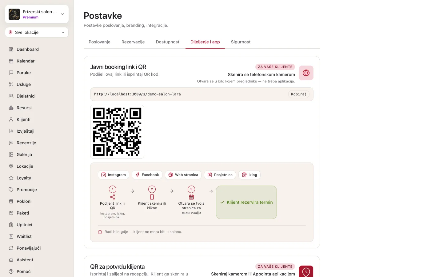 Kartica Dijeljenje i app: javni link za rezervacije s QR kodom i odjeljak QR za potvrdu klijenta s gumbom Isprintaj A5 letak