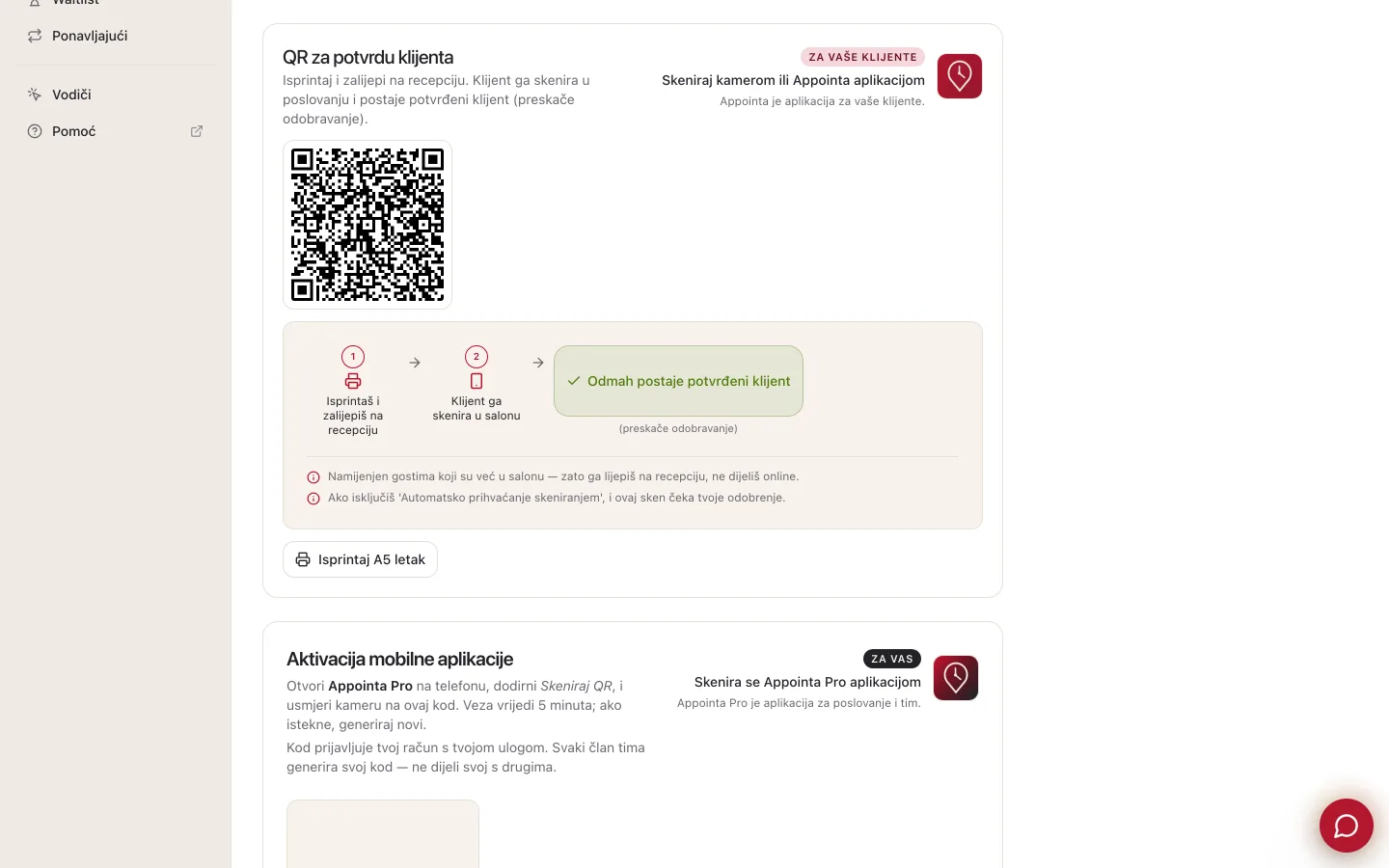 Sekcija QR za potvrdu klijenta: uputa da se kod isprinta i zalijepi na recepciju, oznaka Skeniraj kamerom ili Appointa aplikacijom, QR kod, dijagram tijeka od recepcije do potvrđenog klijenta i gumb Isprintaj A5 letak
