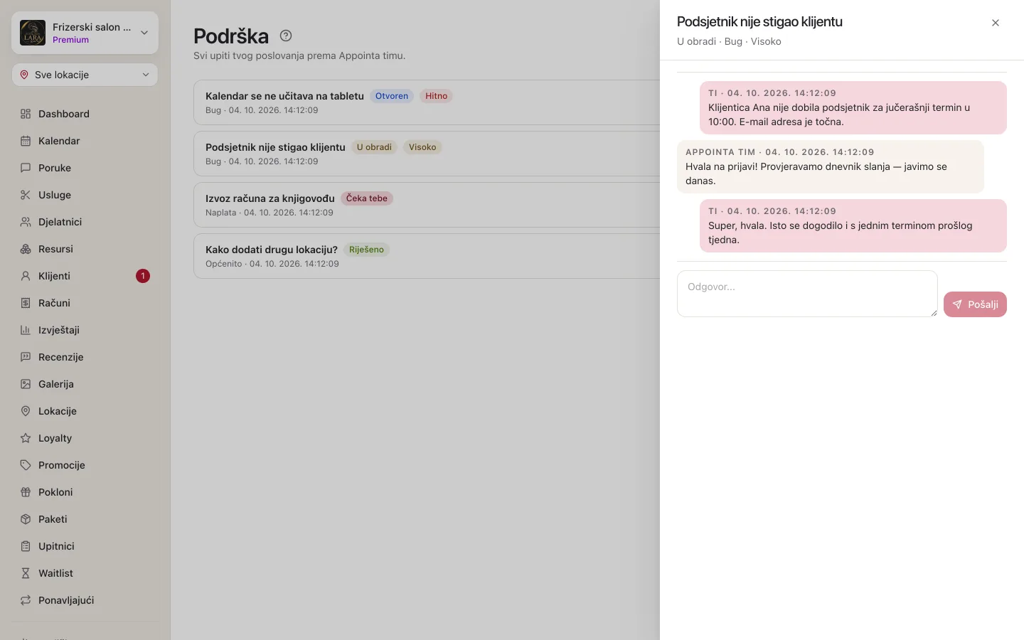 Otvoren razgovor upita: status, kategorija i prioritet ispod naslova, poruke označene s Ti i Appointa tim, polje Odgovor... i gumb Pošalji