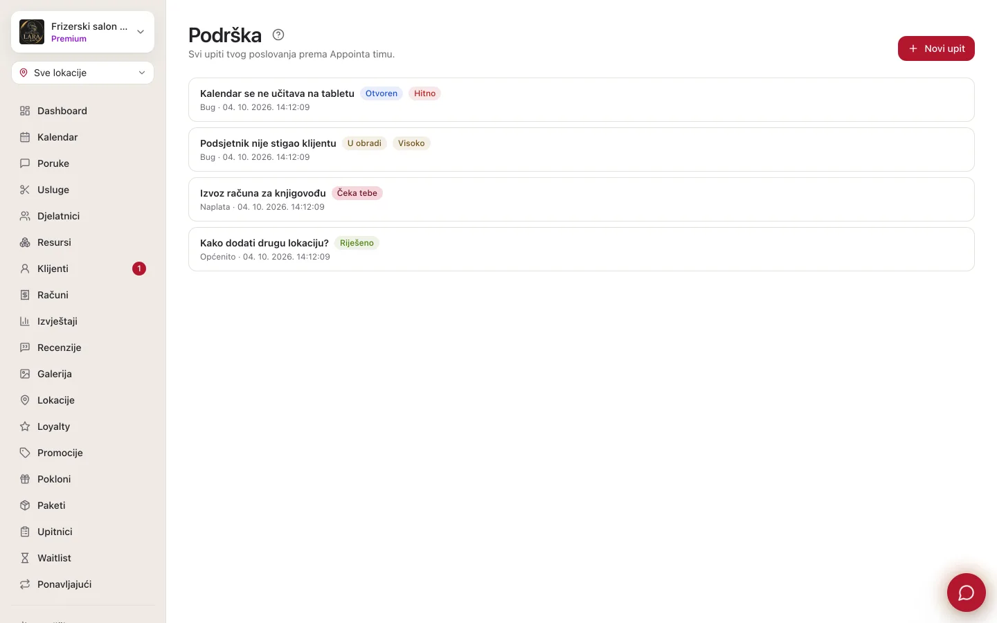 Stranica Podrška s gumbom Novi upit i popisom upita: svaki redak s naslovom, statusom u boji, kategorijom i vremenom zadnje poruke