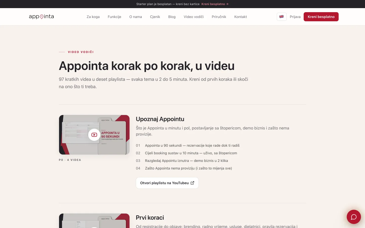 Javna stranica Video vodiči: naslov, uvod s brojem videa i prva playlista sa sličicom, popisom numeriranih videa i gumbom Otvori playlistu na YouTubeu