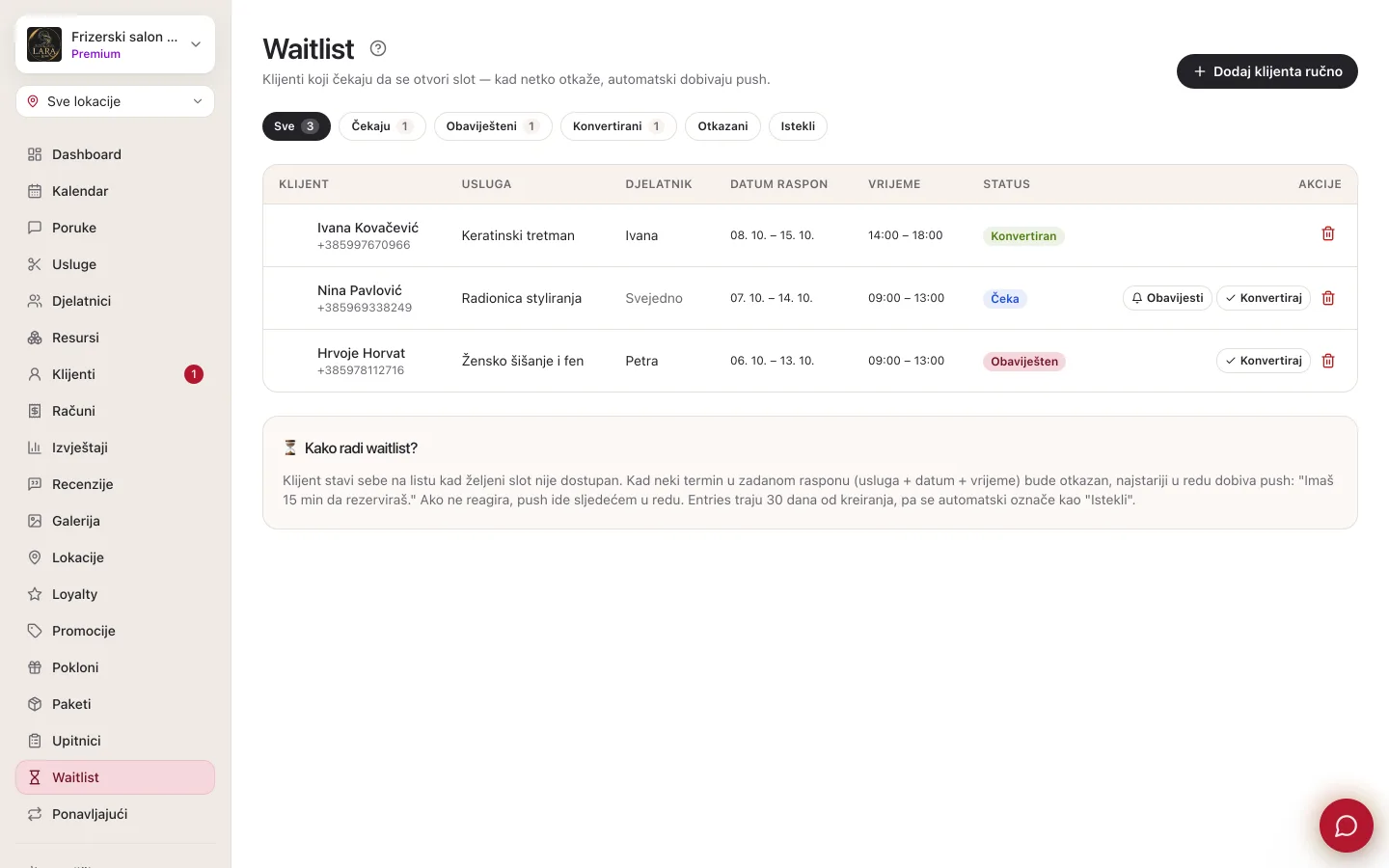 Stranica Waitlist: filtri Sve, Čekaju, Obaviješteni, Konvertirani, Otkazani i Istekli, tablica s klijentima, traženom uslugom, rasponom datuma i sati, statusom te gumbima Obavijesti i Konvertiraj