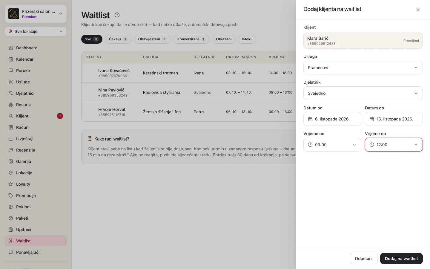 Obrazac Dodaj klijenta na waitlist: pretraga klijenta, polja Usluga i Djelatnik, Datum od i Datum do te Vrijeme od i Vrijeme do