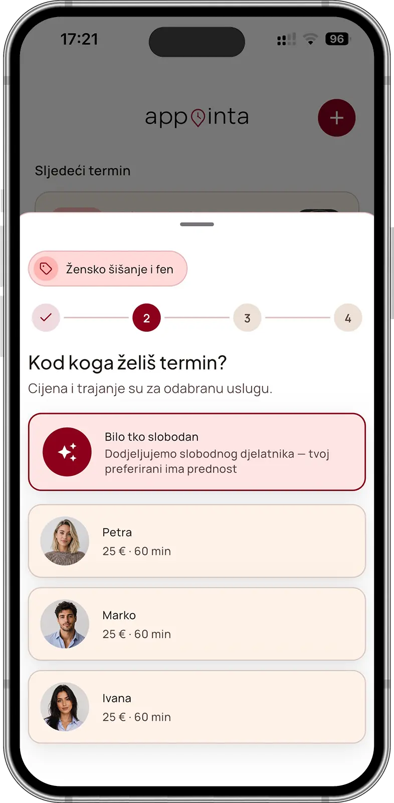 Aplikacija Appointa: odabir djelatnika za rezervaciju