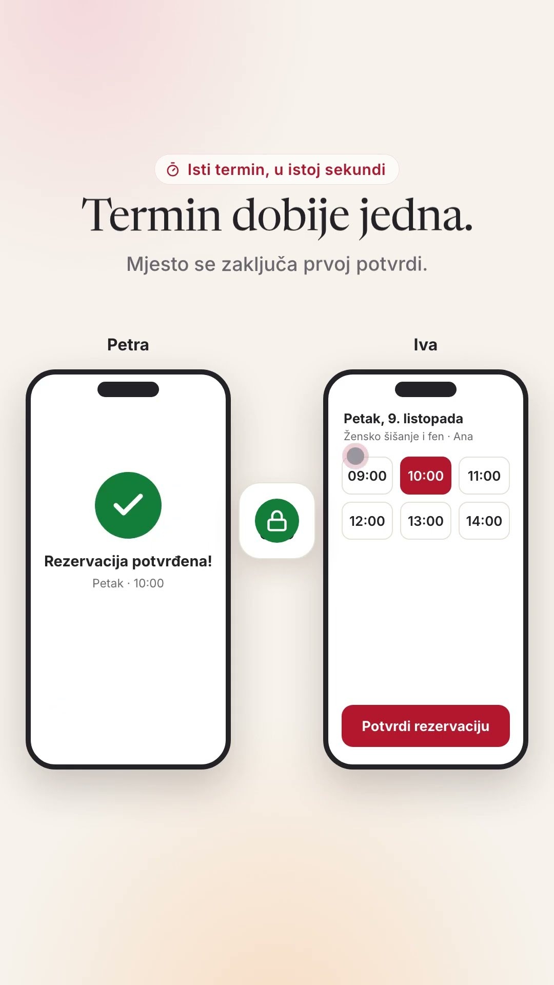 Dvije klijentice kliknu isti termin u istoj sekundi. Što sad?