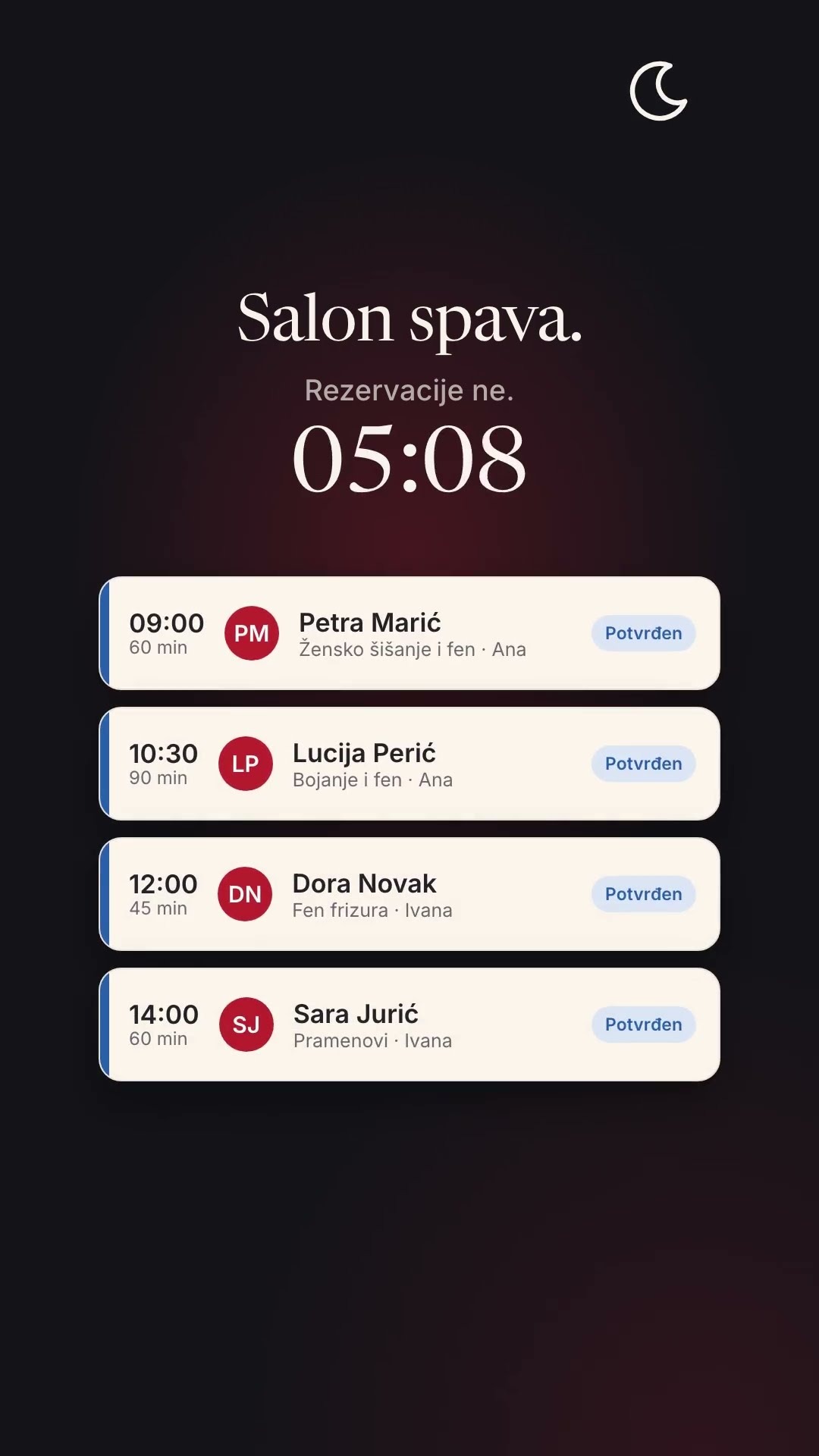 23:00. Salon spava — rezervacije ne.