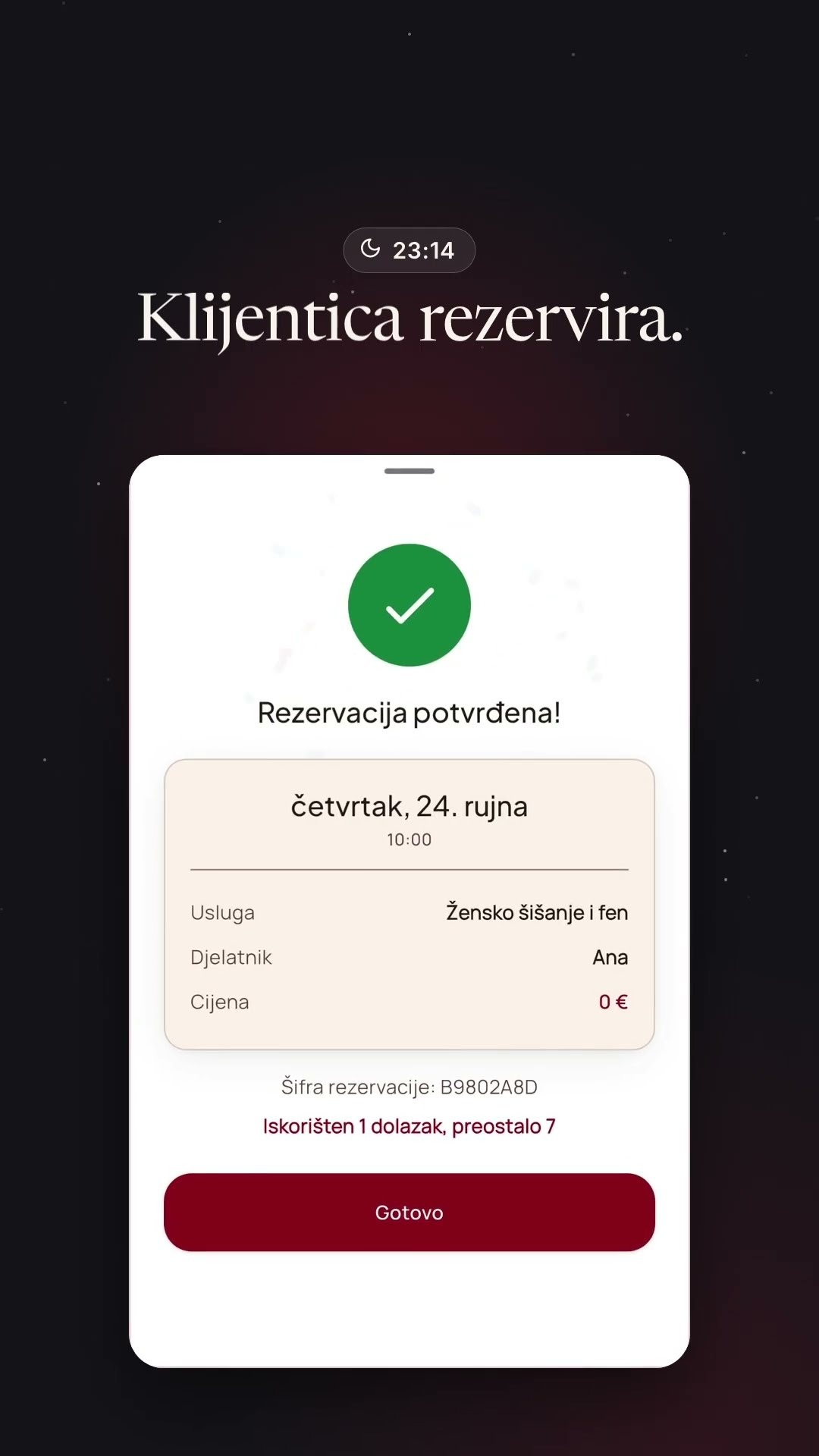 23:14. Salon je zatvoren — rezervacije ne staju.